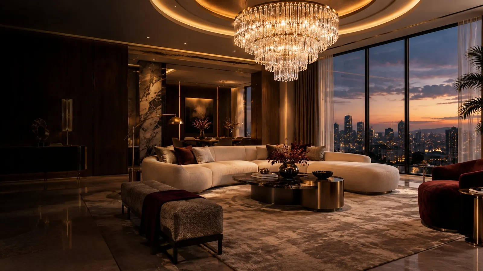 Concept render of a luxury living room with a crystal chandelier and city views at dusk