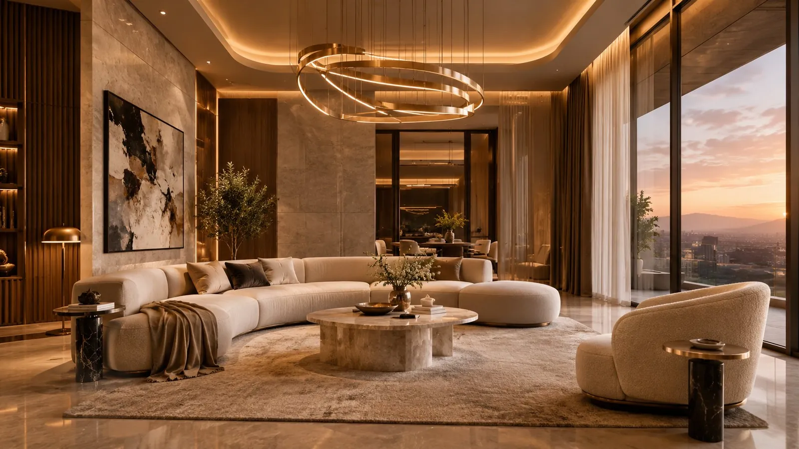 Concept render of the family lounge with ring chandelier and marble wall
