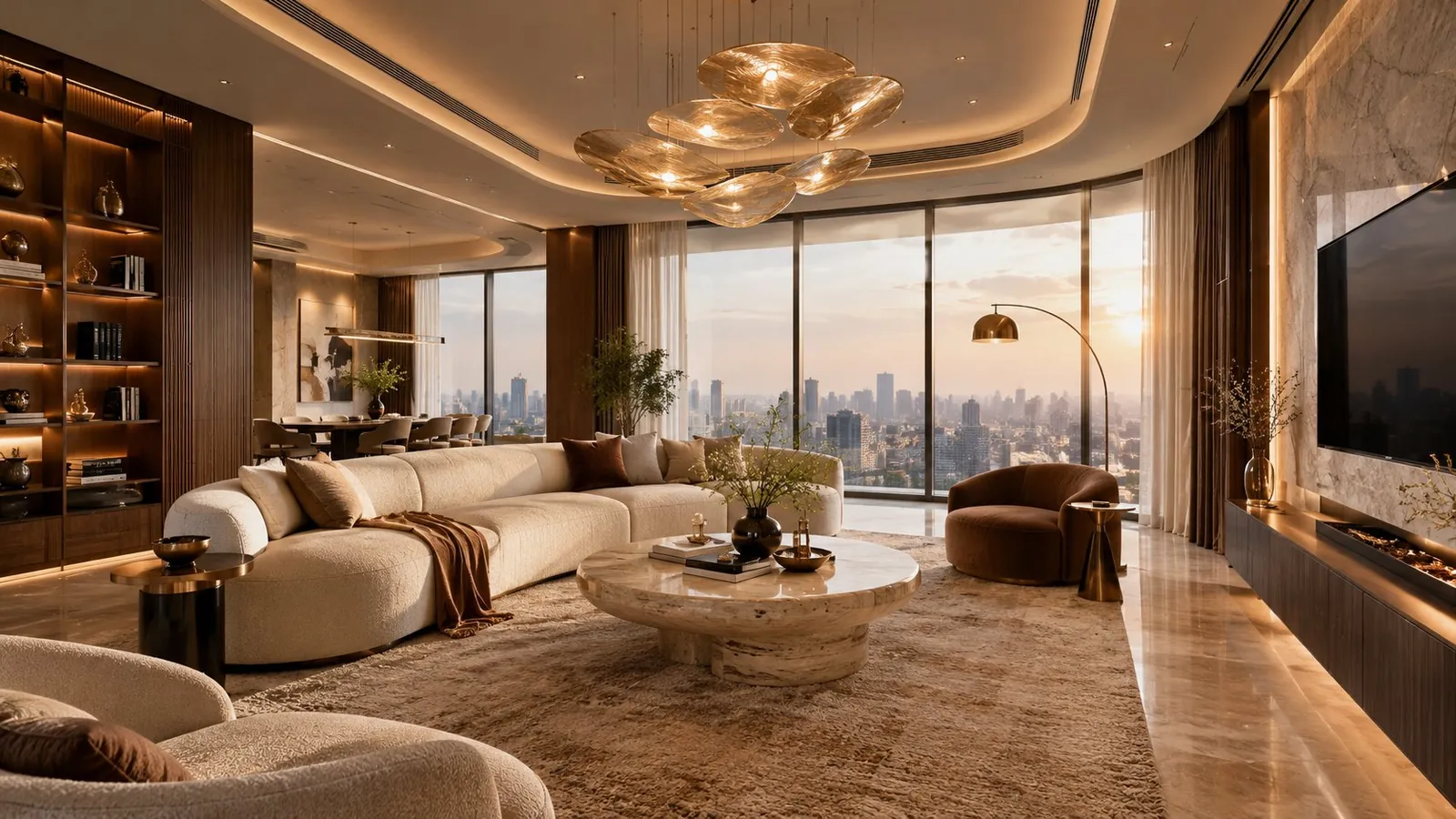 Concept render of a luxury apartment living room with a sculptural chandelier and skyline view